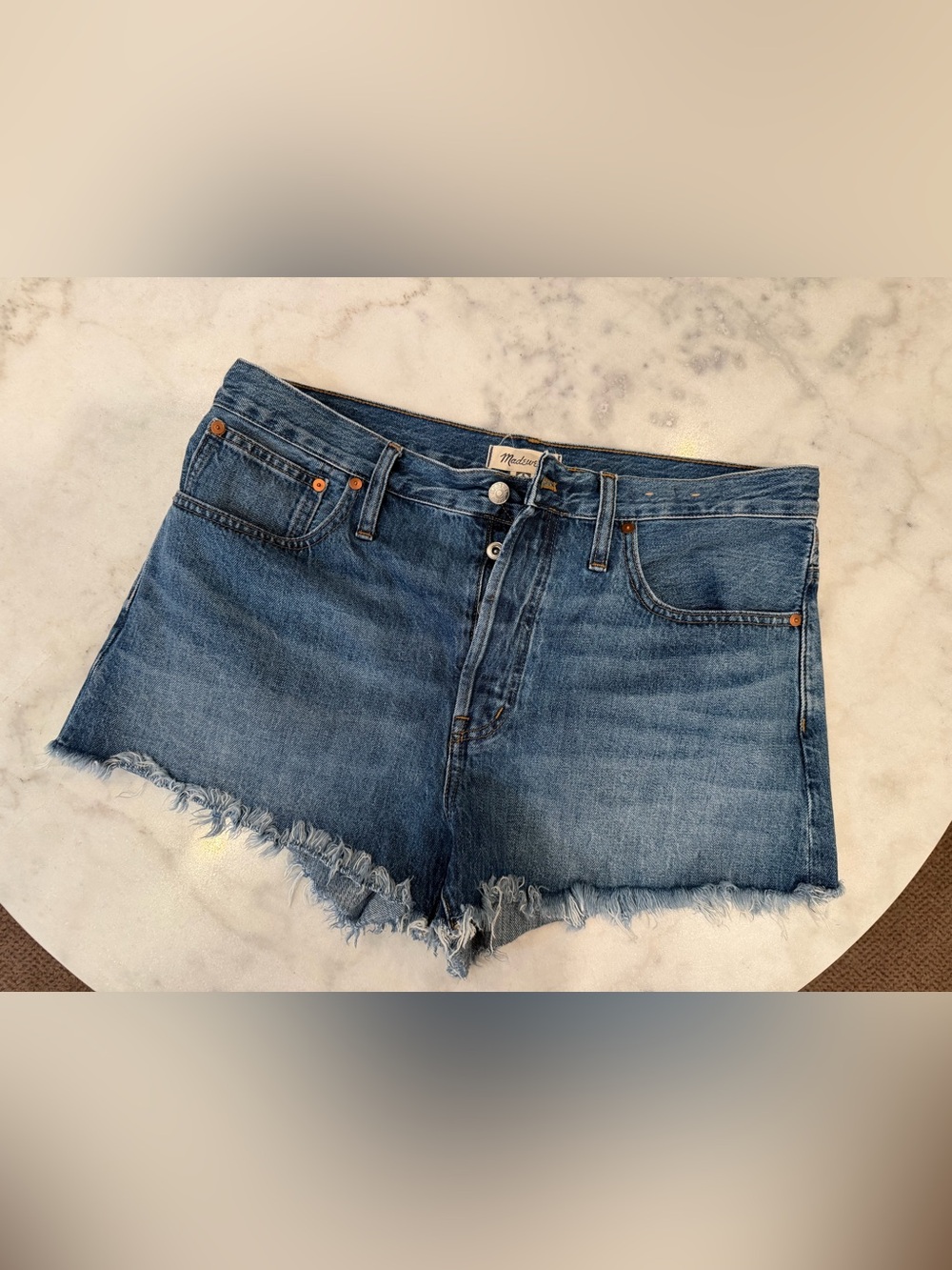 Madewell Denim Frayed Hem High-Rise Cutoff Shorts in Blue